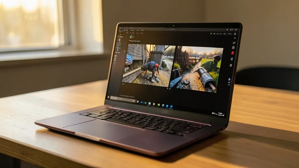 Sample output from Flux 2 Klein 4B — AMD Ryzen laptop on wooden desk with AI-generated images on screen