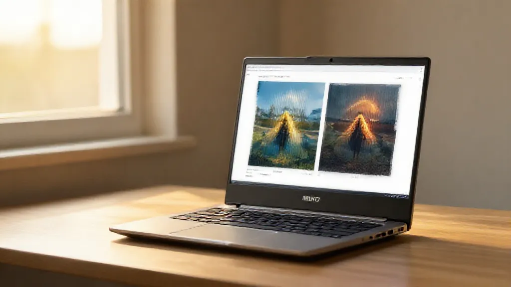 Sample output from Z-Image-Turbo — AMD Ryzen laptop on wooden desk with AI-generated images on screen